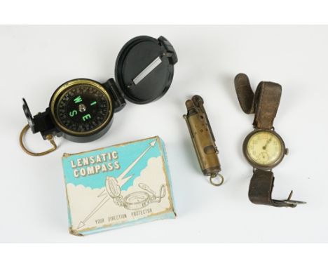 A early 20th century trench watch together with a trench pocket light and a later compass.