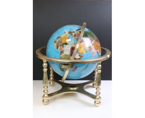 Gemstone &amp; mother of pearl globe on brass stand, with built-in compass to base, approx 44cm high 