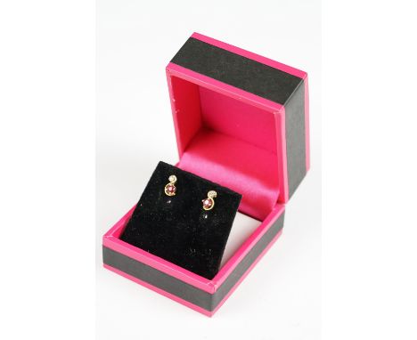 Pair of Yellow Gold Ruby and Diamond Earrings 