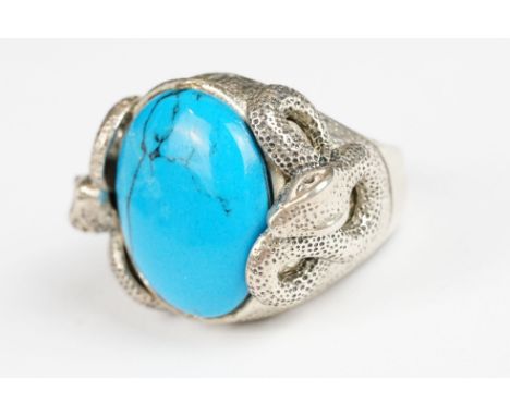 Silver and Large Turquoise Paneled Ring with Serpent Handles 