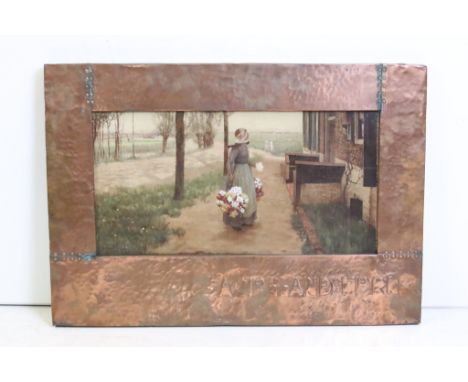 After George Hitchcock - early colour print depicting a flower seller in a village scene, set within a hammered arts and craf