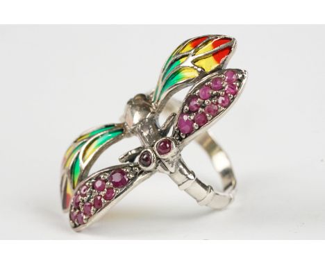 Large Silver Plique a Jour Butterfly Ring 