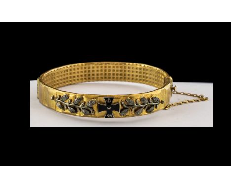 Rare German WWI Trench Art Grenade Gold Plated Bangle, dated, with a black enamel Iron Cross, 1914 - W clasp, stamped KAJG (2