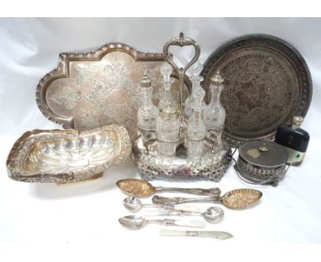 DECORATIVE VICTORIAN SILVER PLATED CRUET STANDwith an arrangement of bottles, period cake basket, shaped serving tray, circul