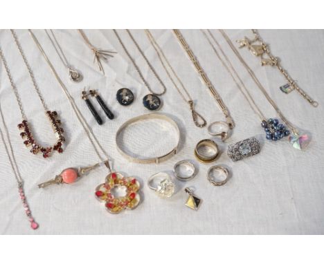 GOOD SELECTION OF SILVER JEWELLERYincluding rings of various design, one stone set, a diamond set pendant, a pink enamel deco