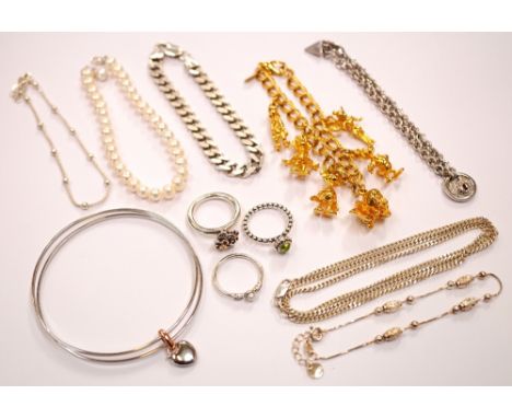 SELECTION OF SILVER AND OTHER JEWELLERYcomprising three Pandora silver rings; three silver bracelets; a silver double bangle 