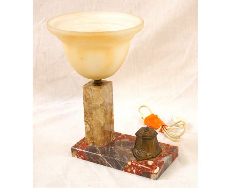 FRENCH ART DECO STYLE TABLE LAMP/INKWELLwith uplighter glass shade raised on marble column, and shaped inkwell with hinged li