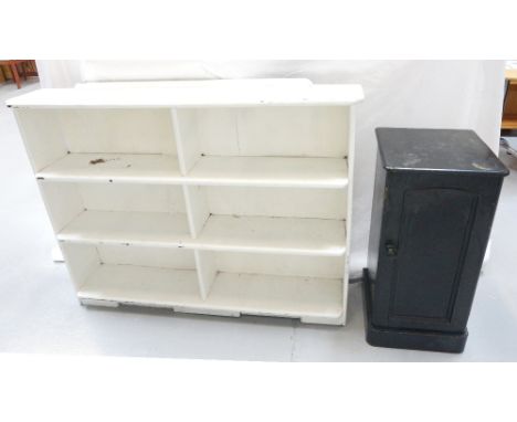 VINTAGE PAINTED PINE OPEN BOOKCASEwith three shelves and central divider, 121cm wide, and a Victorian painted pine pot cupboa