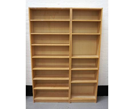 TWO IKEA BEECH EFFECT OPEN SHELF UNITSeach with adjustable shelving, both 202cm high x 80.5cm and 60.5cm wide