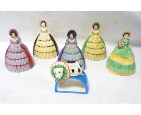 FIVE CARLTON WARE NAPKIN RINGSin the form of ladies in crinoline dresses and wearing bonnets, a Carlton Ware napkin ring with