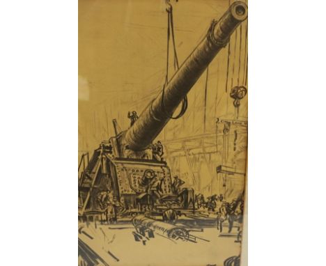 AFTER MUIRHEAD BONE'Mounting a Great Gun', WWI period print, from 'The Western Front' folio series drawings, 38cm x 24.3cm, i