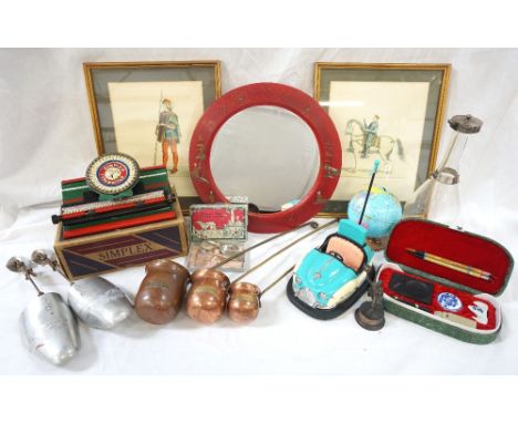 LOT OF COLLECTABLESincluding copper dipper ladels, Chinese lacquer framed table mirror, plate mounted glass decanter, pair of