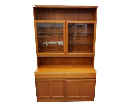 1970's MCINTOSH TEAK WALL UNITthe upper section with an open illuminated shelf above a pair of glazed doors enclosing glass s