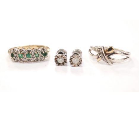 EMERALD AND DIAMOND CLUSTER RINGon nine carat gold shank, ring size L; another diamond set ring in silver, size M; and a pair