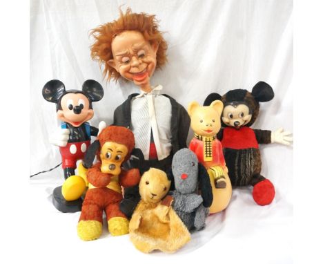 VINTAGE 'SOOTY' HAND PUPPETand period Chad Valley 'Sweep' hand puppet, Mickey Mouse and Pluto style soft toys, Rupert the Bea