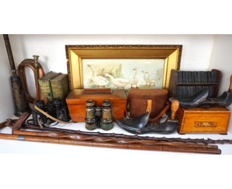 LOT OF VINTAGE COLLECTABLESincluding a 'King of the Road No.60' horn, sarcophogus shaped tea caddy, a collection of miniature
