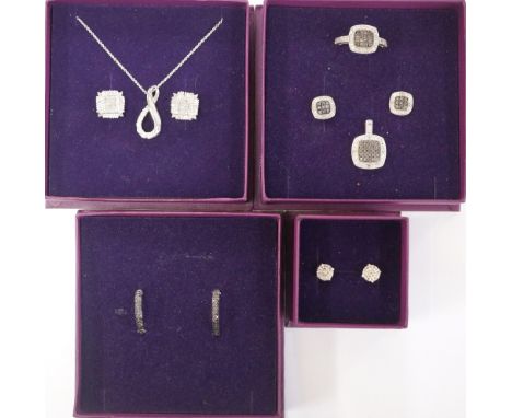 SELECTION OF DIAMOND SET SILVER JEWELLERYcomprising a suite of black and white diamond jewellery - earrings, pendant and a ri