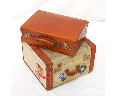 VINTAGE LADY'S LEATHER BOUND TRAVELLING CASEwith fabric lining, applied 'KLM' and 'Cunard Line' stickers to exterior, and a p