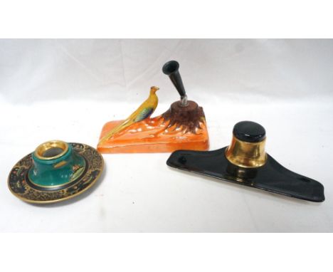 CARLTON WARE PEN STANDmodelled as a pheasant by a tree trunk, a Carlton Ware shaped inkwell of black ground with a gilt inkwe