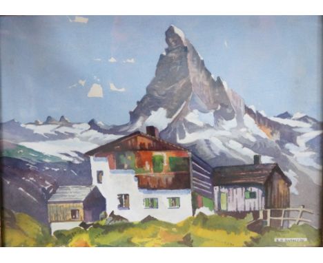 E G HARVEY (British, circa 1950's)Alpine Chalet, watercolour and gouache on board (2), signed, 27.5cm x 38cm and 21cm x 30.5c
