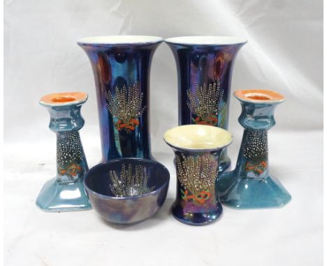 SELECTION OF 1920's CARLTON WARE LUCKY WHITE HEATHERcomprising a pair of vases with flared rims; a pair of candlesticks; a sm