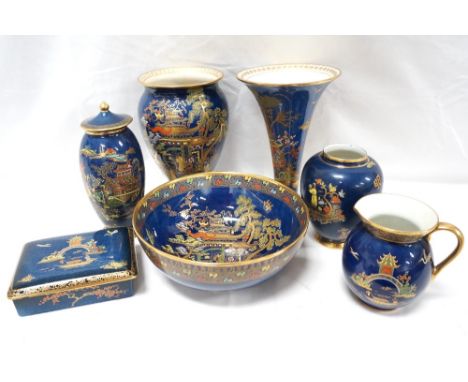 CARLTON WARE MIKADO PATTERN VASE AND COVERwith enamelled decoration to the blue ground and gilt decoration, 19cm high, a shap