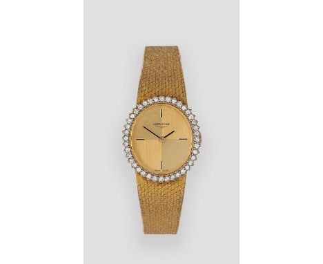 Longines - A Swiss 18ct gold diamond set wristwatch, circa 1976, model number 90 4569, serial number 16950031, oval quartered