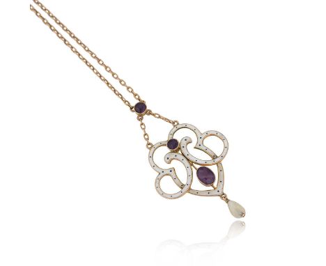 Liberty & Co - An amethyst, pearl and enamelled pendant necklace, the central pendant section set with three amethysts, decor