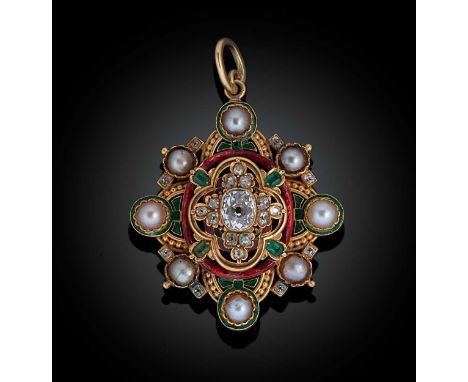 A Victorian diamond, emerald, pearl and enamel pendant/brooch and chain,  central old mine cut diamond, approximately 6.3 x 5