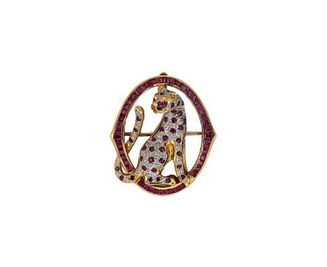 A stone set leopard pendant/brooch, the leopard set with round faceted synthetic rubies and round brilliant cut diamonds, wit