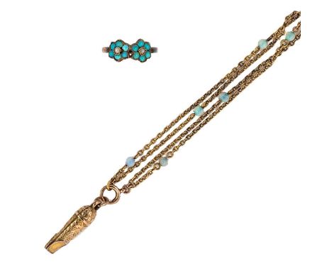 An opal charm bracelet together with a turquoise ring, first, the bracelet with five opal beads, suspending a whistle charm, 