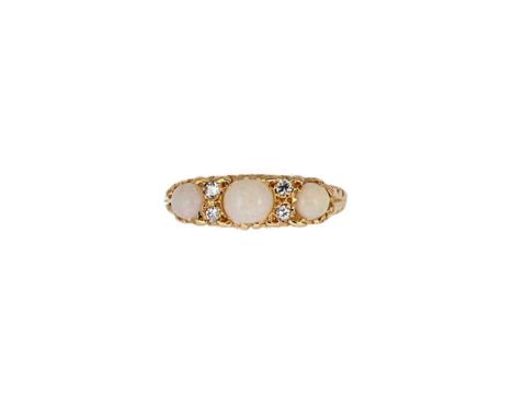 A modern opal and diamond carved half hoop ring, three round cabochon opals, from approximately 4.3 to 5.5mm, further set wit