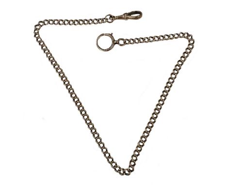 A watch chain, apparently unmarked, tests as 9ct gold, 'curb' link, width 4mm, terminating in a swivel catch stamped 'ACC9ct'