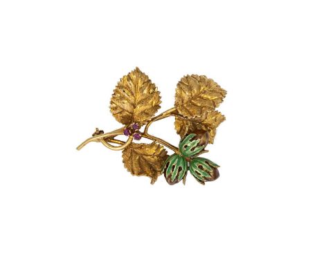 Cropp and Farr - An 18ct gold floral brooch, realistically modelled with green and brown enamel and set with three round face
