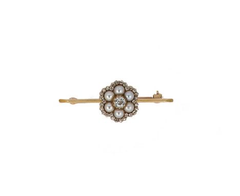 A pearl and diamond brooch/pendant, the floral pendant centrepiece set with a transitional brilliant cut diamond, estimated a