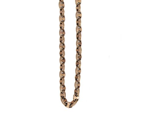 An anchor style chain, fancy links with grooved detail, length 78cm, width 4.1mm, bolt ring clasp stamped '9CT', links unmark