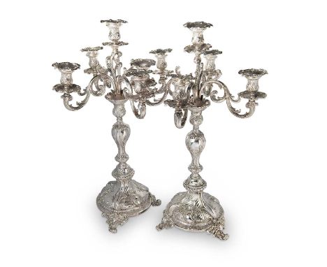 A pair of German metalwares silver five light candelabra, probable mark of P. Bruckmann &amp; Söhne, Heilbronn, circa 1900, s