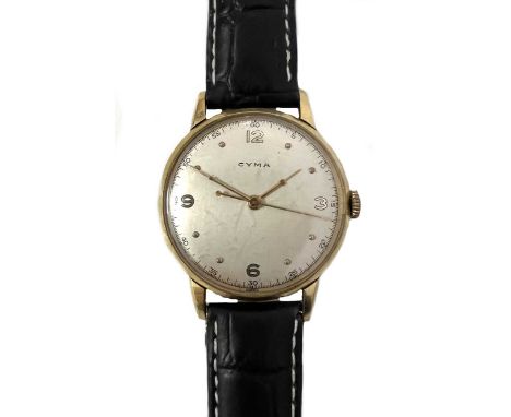 Cyma - A Swiss 18ct gold wristwatch, circa 1950, model number 88270, serial number 934, circular silvered dial with gold colo