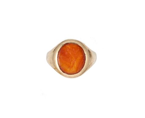 A cornelian intaglio ring, oval cabochon depicting the goddess Fortuna, approximately 14.5 x 12.5mm, head dimensions 16.8 x 1