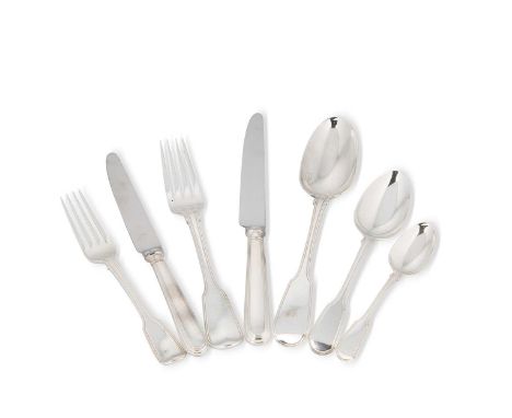A 36-piece set of George IV silver flatware with 60 additions, mark of William Chawner II, London 1825, 'Fiddle &amp; Thread'
