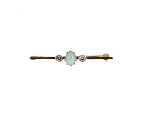 An opal and diamond bar brooch, oval cabochon opal, approximately 7.7 x 6mm, estimated approximate weight 0.65ct, flanked by 