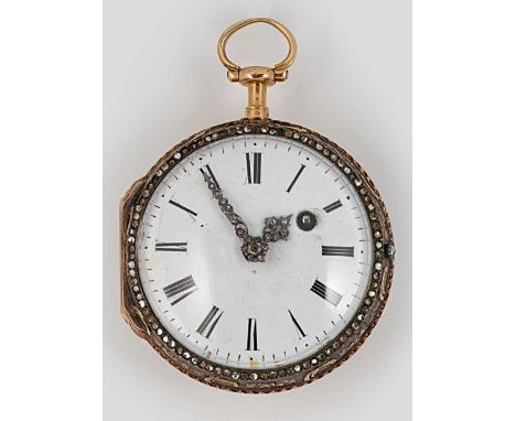 Romilly, Paris - An 18th century open faced pocket watch, circa 1765, white dial, black Roman numerals, paste set fretwork ha