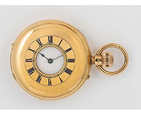 Edward Culver, London - A late 19th century 18ct gold half hunter pocket watch, circa 1890, outer cover with blue enamel Roma