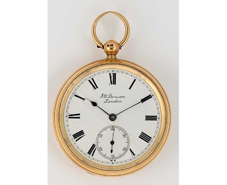 J.W. Benson, London - A Victorian 18ct gold open faced pocket watch, circa 1891, white dial with black Roman numerals, blued 