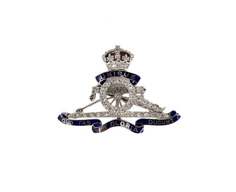 A diamond set Royal Artillery sweetheart brooch, estimated approximate total diamond weight 0.60ct, red and blue enamel decor