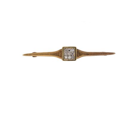A late 20th century diamond set bar brooch, central square panel with nine pavé set eight cut diamonds, tapered bar with a te