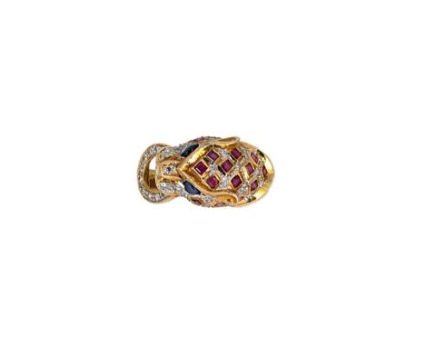 A stone set leopard dress ring, set with square faceted synthetic rubies, round brilliant cut diamonds and cabochon sapphires