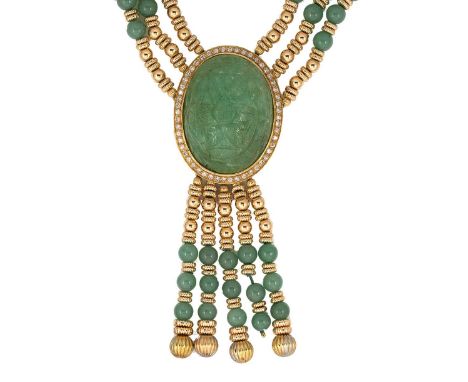 A jade, diamond and aventurine quartz necklace, central oval shaped carved jade centrepiece, surrounded by round brilliant cu