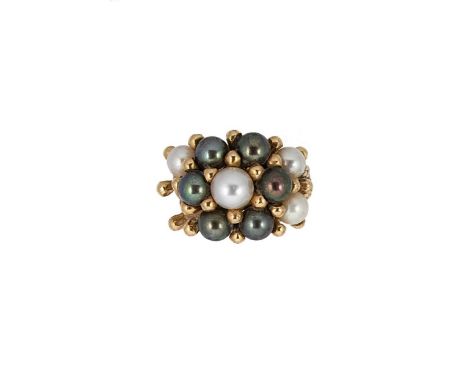 A modern pearl cluster dress ring, ten black and white cultured pearls (one lacking), from approximately 5.5 to 7mm, size R, 