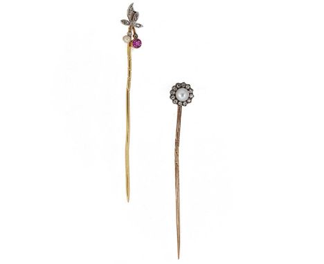 Two diamond set stick pins, first, set with a 4.8mm pearl (untested) surrounded by old brilliant cut diamonds, rotating head,